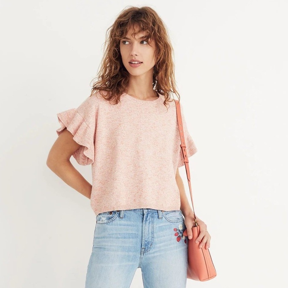 Madewell Ruffle-Sleeve Sweater Tee In Marled Rust- Women's Size XL Boxy Cropped